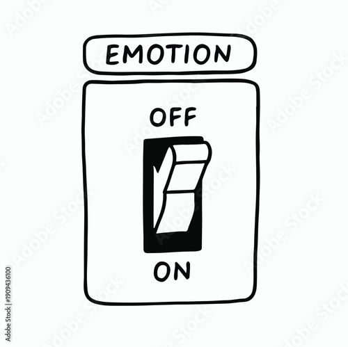 Hand drawn illustration depicting a simple light switch labeled emotion set to the off position symbolizing suppression or control over feelings