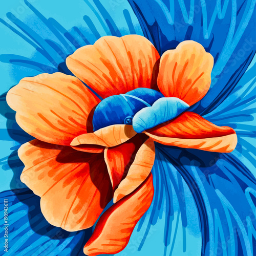 Purple crow head wearing winter hat looking out of yellow flower crying with joy against blue and lilac petals; surrealist vector illustration for natural, spring, children, marketing, ad designs.