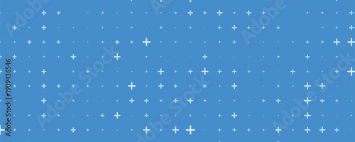 Seamless background pattern of evenly spaced white plus symbols of different sizes and opacity. Vector illustration on blue background with stars