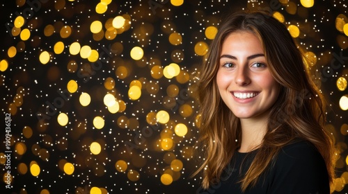 Woman smiling against gold bokeh background