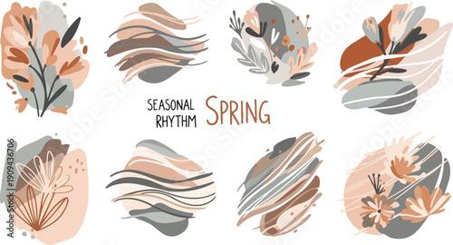 Spring Season Organic Abstract Elements Set with Floral Botanicals and Fluid Shapes for Minimalist Nature Background and Aesthetic Seasonal Design