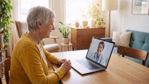 Elderly woman engaged in a video call with a doctor on a laptop, showcasing online healthcare in a comfortable home setting, focusing on technology-facilitated medical consultations.