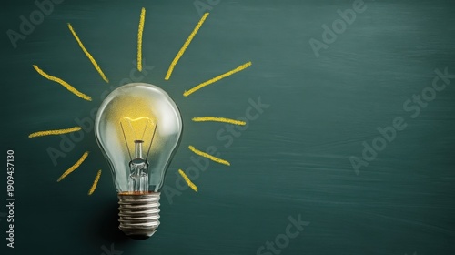 A glowing light bulb emits bright rays against a dark green chalkboard, symbolizing ideas and innovation.