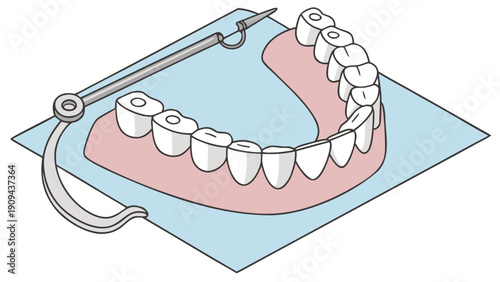 A vector graphic illustration of dental teeth with a suction tool and clamp on a blue background