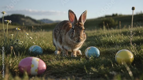 Cute Bunny with Easter Eggs in Sunlit Field