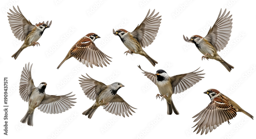 Obraz premium A group of small flying birds moving through the air displays the dynamics of group movement and contrasting silhouettes including the dominant figure of an eagle among the flock.