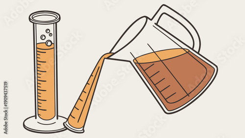 A vector graphic illustration of a measuring cup pouring liquid into a graduated cylinder