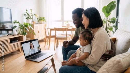 Family sitting on a couch during a video call with a doctor on a laptop. The atmosphere is warm and inviting as they engage in a virtual consultation from their living room.