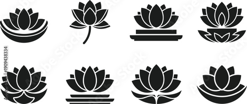 Lotus flower icon set for spa wellness yoga and meditation concept zen floral symbol black white cad drawing flat vector illustration,