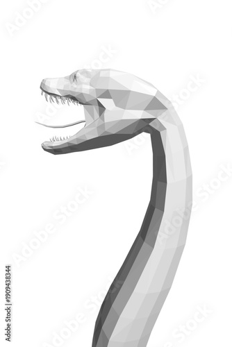 A low poly anaconda snake with an open mouth, rendered in a geometric white style on a clean white background. Side view