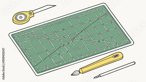 A graphic illustration of a cutting mat with a utility knife and other crafting tools.