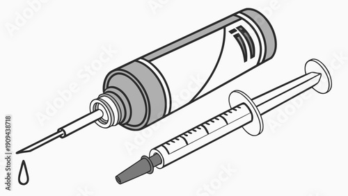 A vector graphic illustration of a medical syringe and bottle with a drop of liquid