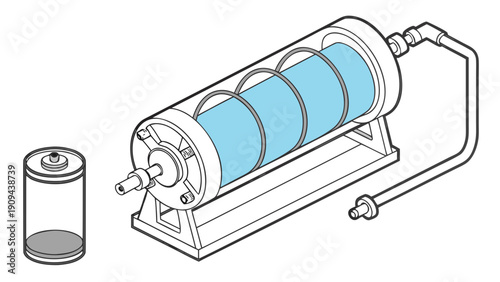 A detailed vector illustration of a water filtration system with a cylindrical filter and a battery for comparison