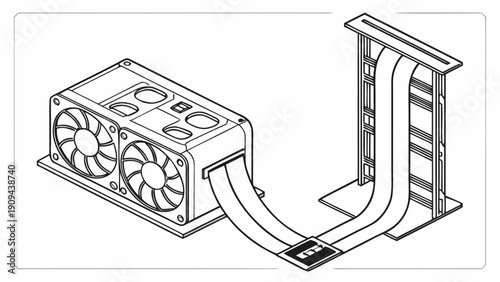 A detailed line art illustration of a computer cooling system with fans and radiator