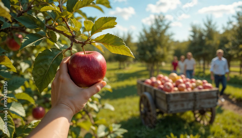 Close-up of hand picking a ripe red apple in a sunny orchard during harvest season with rustic wooden cart and people in background