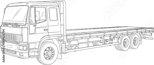 Black and white line of a flatbed truck with dual rear wheels lorry vehicle transport