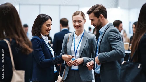 Professionals actively engaging in networking opportunities during a large corporate business convention featuring keynote speakers and industry collaboration sessions