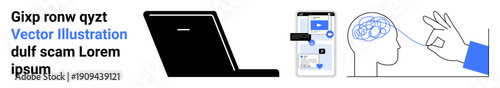Digital communication, remote work, mental health, online learning, digital security, and cognitive science. A laptop, smartphone interface brain visual and hand gesture. Digital communication