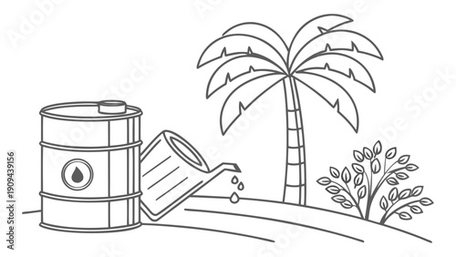 Oil spill cleanup on a tropical beach with palm trees.