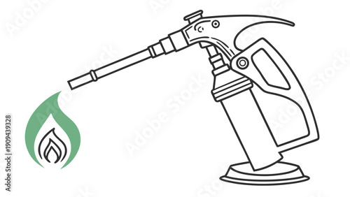 Simple line drawing of a blowtorch with a green flame icon.