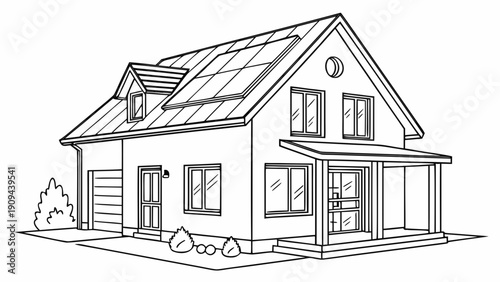 Simple black and white line drawing of a modern house with solar panels on the roof.