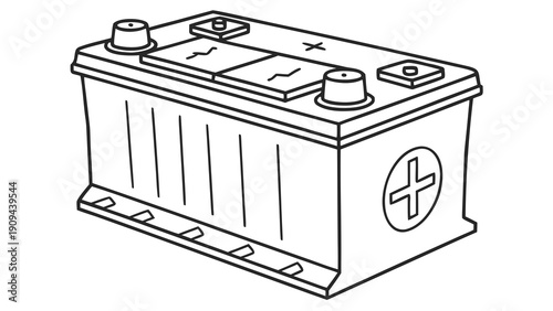 Simple black and white line drawing of a car battery.