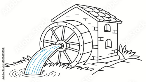 Vintage water mill with flowing water and stone building.