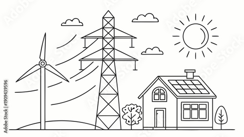 Renewable Energy Sources with Wind Turbines and Solar Panels on House.