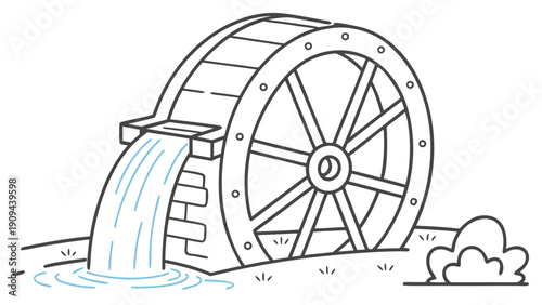 Vintage Waterwheel Cartoon Illustration with Water Flow.