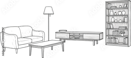 Black and white line of a living room with sofa coffee table media console and bookshelf living room furniture