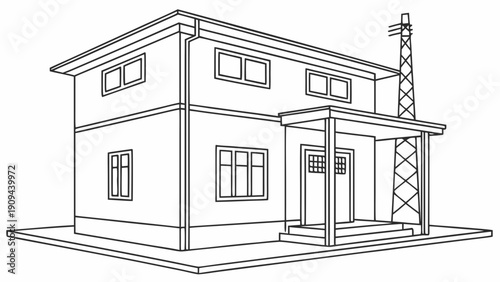 Simple two-story house with a covered porch and power line.