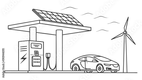 Electric car charging at a solar powered station with wind turbine.