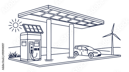 Electric car charging at a solar powered station with wind turbine.