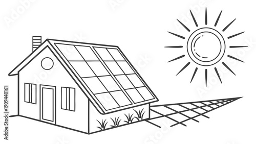Simple house with solar panels on the roof and a sunny day.