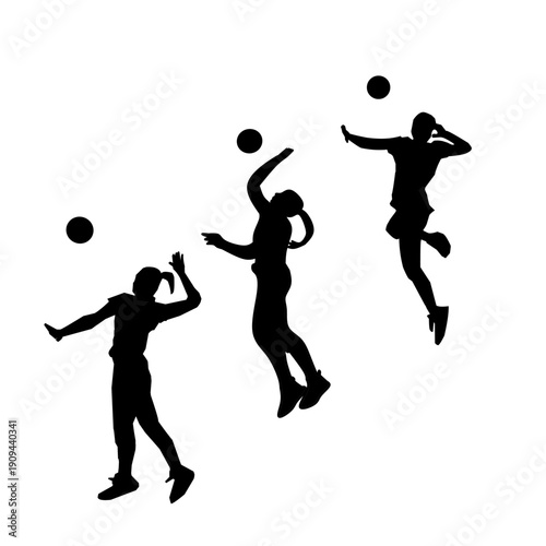 Collection of female volleyball player silhouettes in the air during a match, vector.