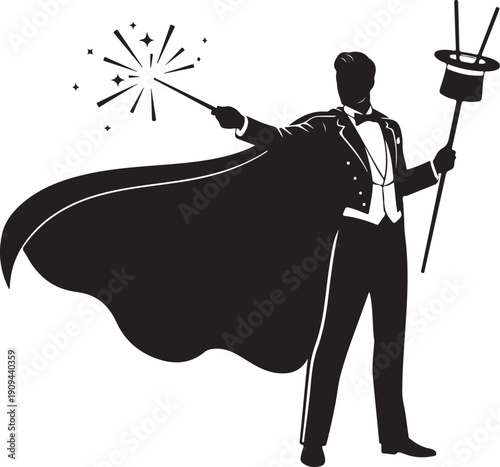Classic magician silhouette with a flowing cape, casting a shimmering spell with his wand