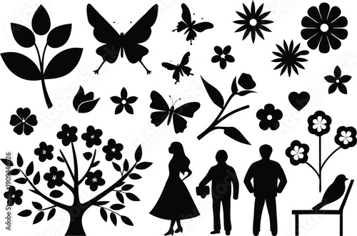 Silhouettes of family and nature elements isolated on transparent background, Vector, illustration