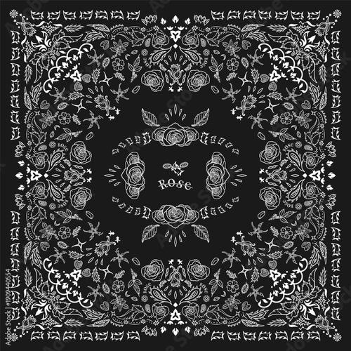 Black bandanna Print. Roses paisley bandana bandana Scarf Face Head Wrap. pattern Art rose floral flower thorns leaves square pattern design