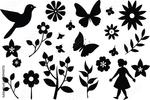 Black silhouettes of nature and children isolated on transparent background, Vector, illustration