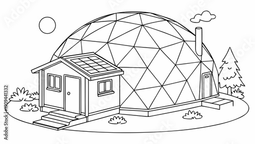 Dome shaped house with small annex and trees around it in a simple line art style.