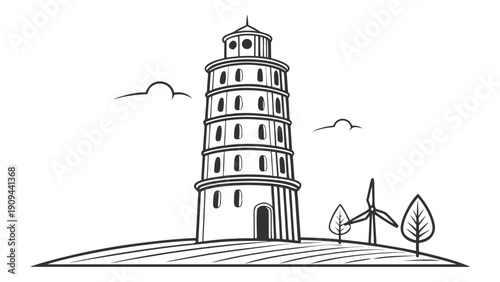 Leaning Tower of Pisa with wind turbines and trees.
