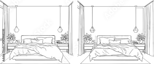 Black and white line of two identical bedrooms with beds and nightstands line black and white plant
