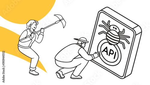 Two workers fixing a bug in the API documentation.