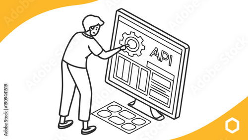 Man interacting with API on computer screen illustration.