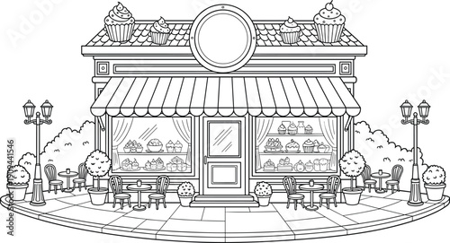 Black and white of a cupcake shop with outdoor seating bakery cafe