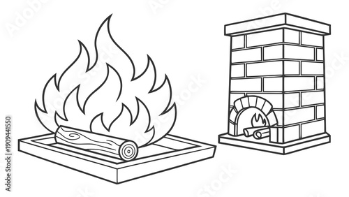 Simple line drawing of a burning log and a brick fireplace.