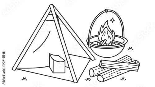 Camping Tent with Fire Pit and Logs Illustration.