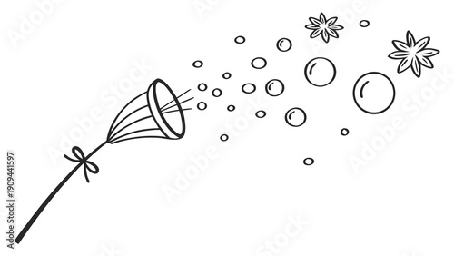Simple black and white illustration of soap bubbles and flowers.