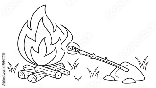 Simple black and white illustration of a campfire with cooking stick.