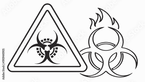 Biohazard warning sign and symbol with flames.